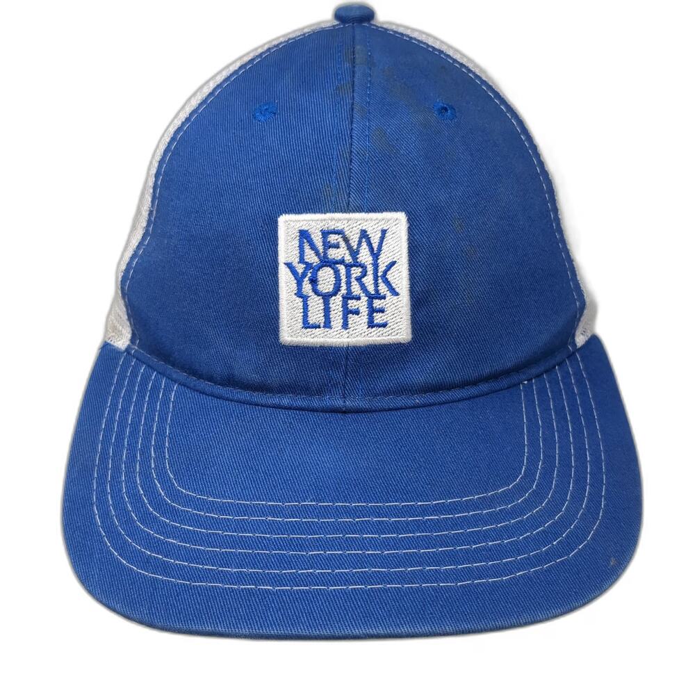 Quake City Caps New York Life Trucker Hat Blue White OSFM Snapback Mesh Patch